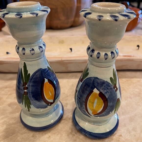 Handmade art Pottery blue candlestick candleholders x2 Puerto Rico 6-1/4” - Picture 1 of 8